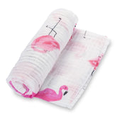 LollyBanks flamingo print swaddle blanket close-up shows soft cotton for gentle wrapping.