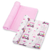 LollyBanks muslin swaddle blanket pink golf pattern for cozy naps