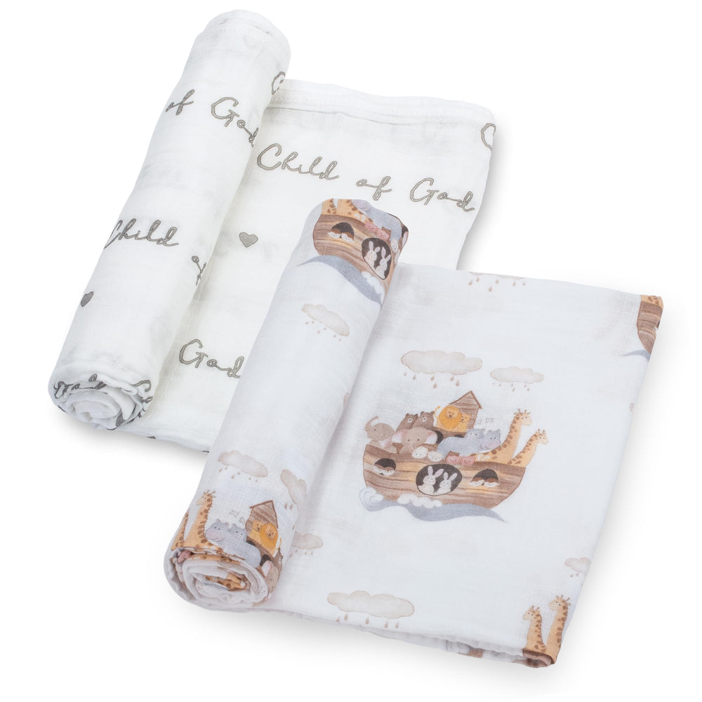 LollyBanks Muslin Swaddle Blankets 2pack Noah's Ark animals, breathable and cozy for naps.