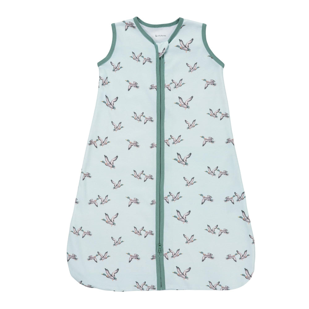 LollyBanks Sleep Sack Mallard Duck Pattern closeup shows cozy, breathable fabric for naps.