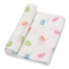 LollyBanks Macarons print soft muslin swaddle blanket offers cozy newborn comfort.