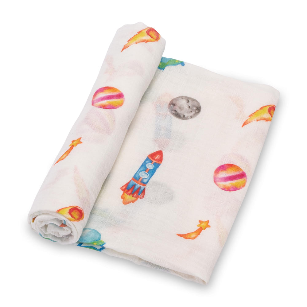 LollyBanks space print swaddle blanket with universe design for cozy, breathable baby snuggles.