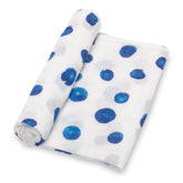 LollyBanks Swaddle Blanket blue dots folded; luxuriously soft cotton muslin for secure newborn swaddling