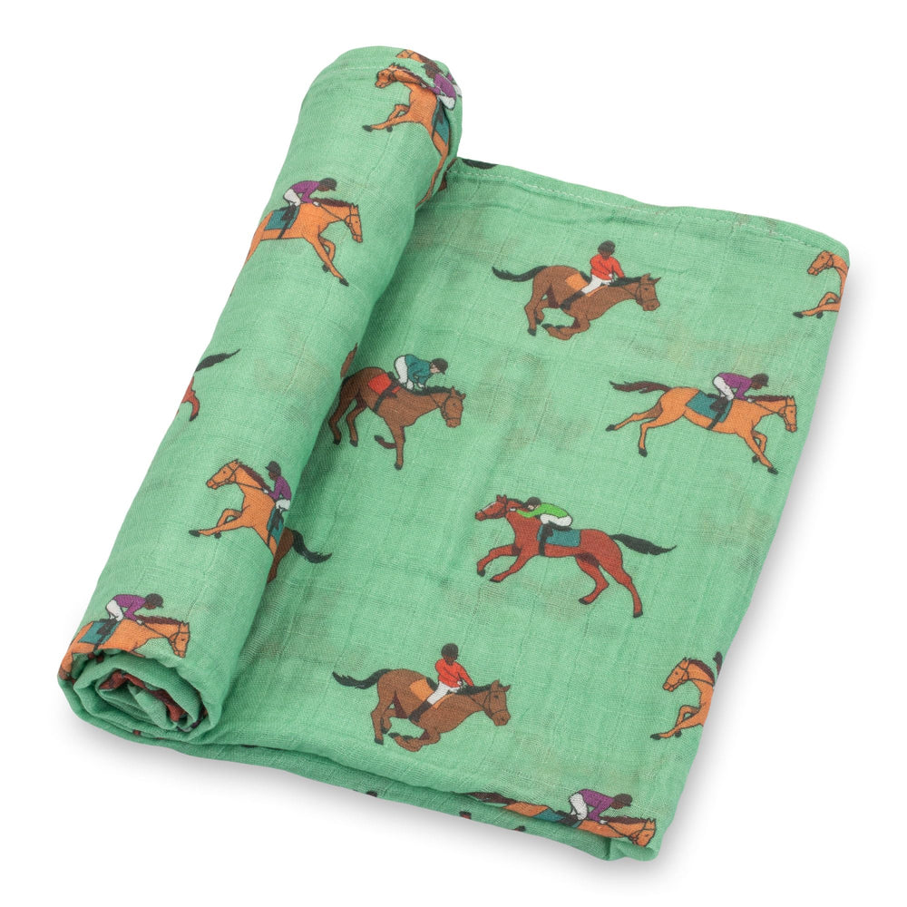 LollyBanks swaddle blanket derby print closeup shows soft muslin texture for cozy infant moments