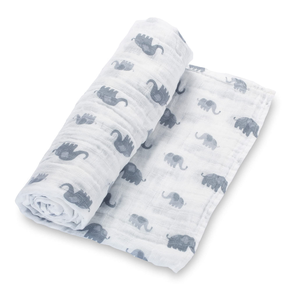 LollyBanks swaddle blanket elephant print close-up showing soft cotton texture for cozy snuggles.