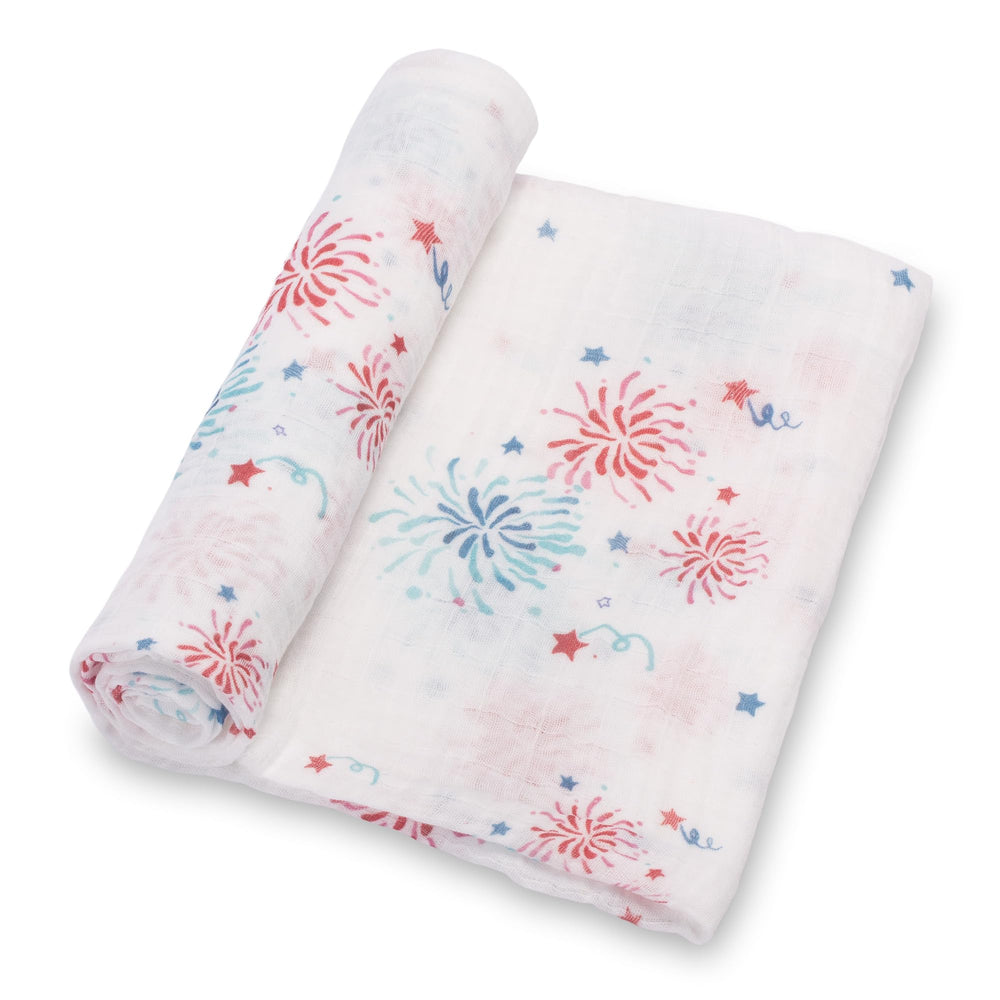 LollyBanks swaddle blanket fireworks print offers cozy comfort and nursery charm.