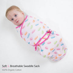LollyBanks swaddle Macarons print with closed wings for secure, adjustable fit.