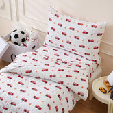 LONAVA fire-truck comforter set close-up showing ultra-soft microfiber texture.