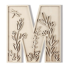 Longan Craft layered 12-inch wooden letter M with flowered design for nursery decor.