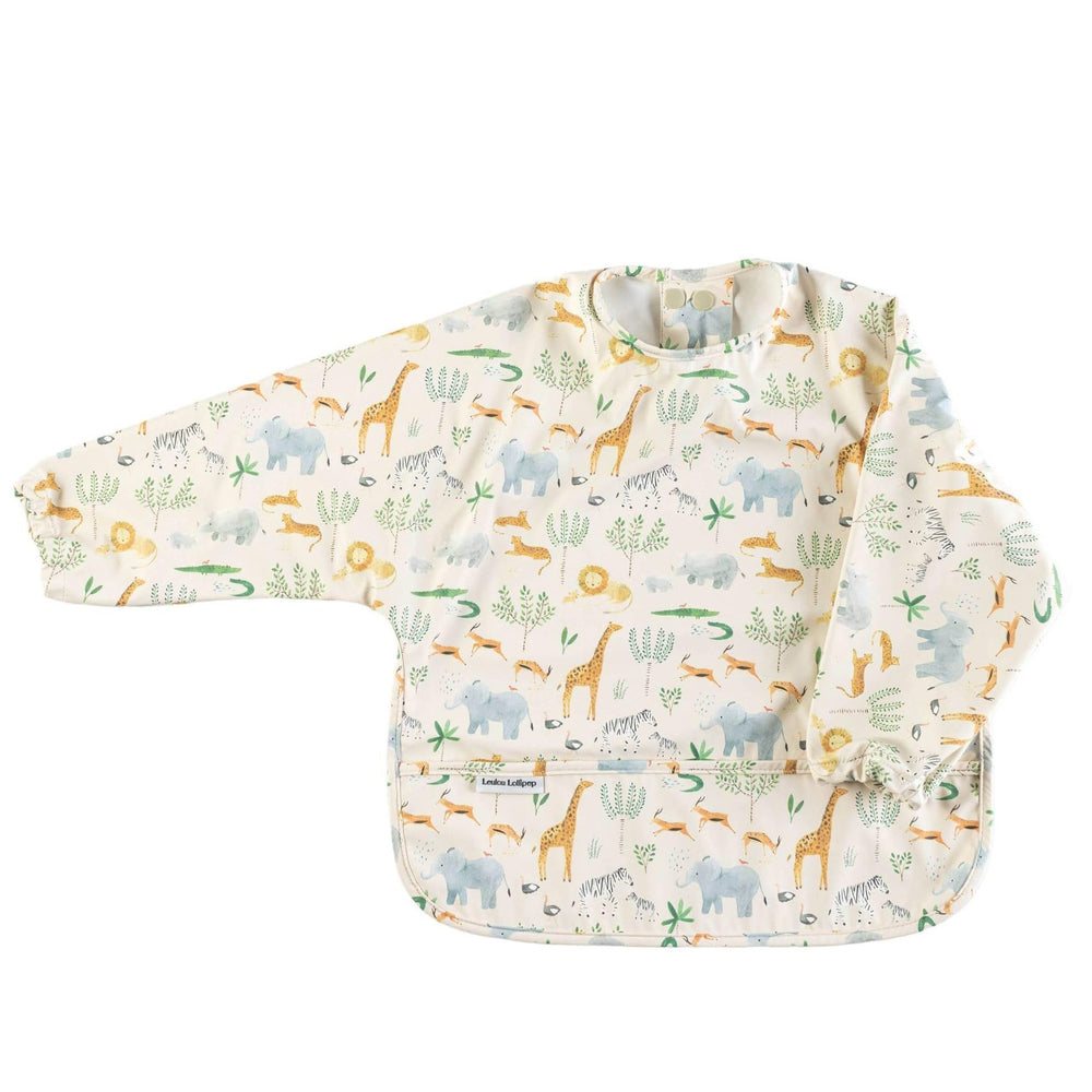 Loulou Lollipop long sleeve bib safari jungle front view highlighting full coverage and waterproof fabric