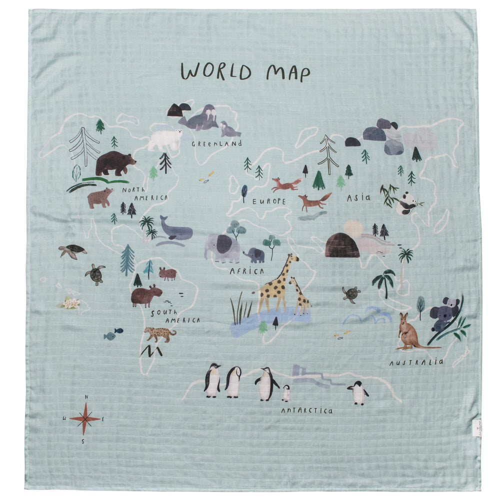 Loulou Lollipop world-map swaddle texture closeup shows soft muslin fabric for cozy wrapping.