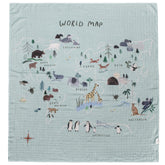 Loulou Lollipop world-map swaddle texture closeup shows soft muslin fabric for cozy wrapping.