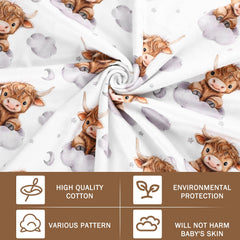 Folded Lounsweer Highland Cow baby blanket shows compact carry-size for on-the-go warmth.