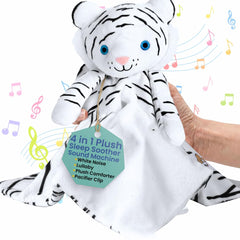 Love By Emi white tiger plush with lullabies calms bedtime routines.