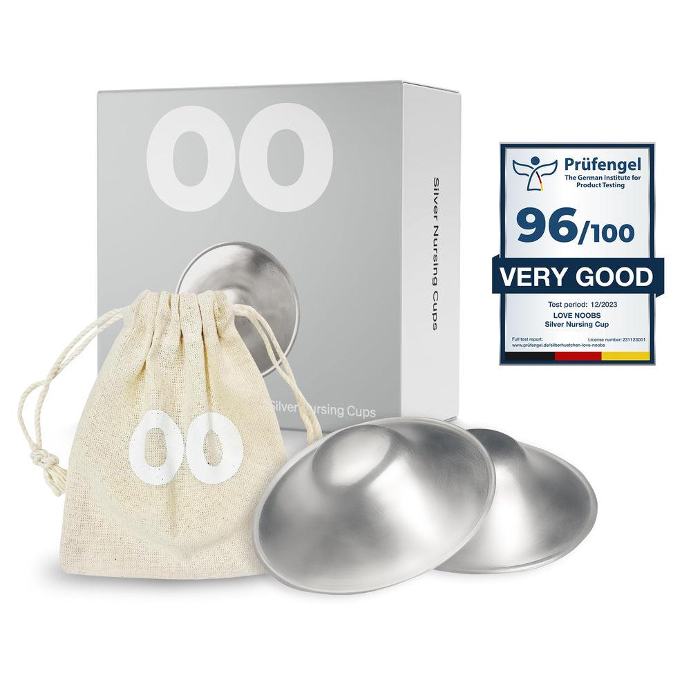 Love Noobs original silver nursing cups in box for convenient newborn prep.