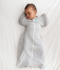Love to Dream Swaddle UP 50/50 Gray arm-free stage demonstrates gradual transition benefits