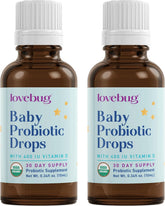 LOVEBUG Baby Probiotic Drops bottle featuring organic, tasteless formula for infant gut health