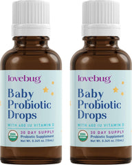 LOVEBUG Baby Probiotic Drops bottle featuring organic, tasteless formula for infant gut health