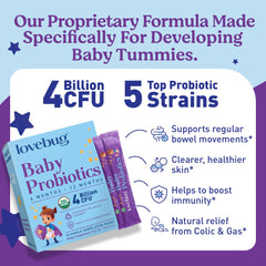 LOVEBUG Probiotics for Babies bottle highlights 6-12 month use and immune-friendly routine
