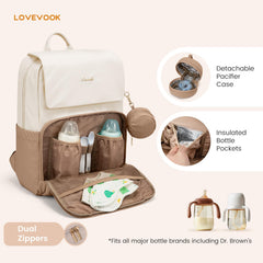 LOVEVOOK diaper bag backpack beige interior compartments show 16 pockets and bottle storage.