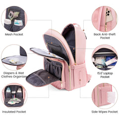 LOVEVOOK diaper bag backpack quilted pink back view showing stroller straps for hands-free travel.