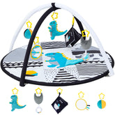 Lovvie & Joy dinosaur play gym overview for tummy time and sensory exploration.