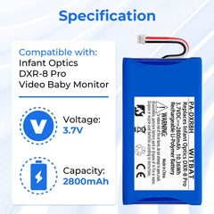 LP replacement battery label close-up shows 2800mAh capacity for longer sessions.