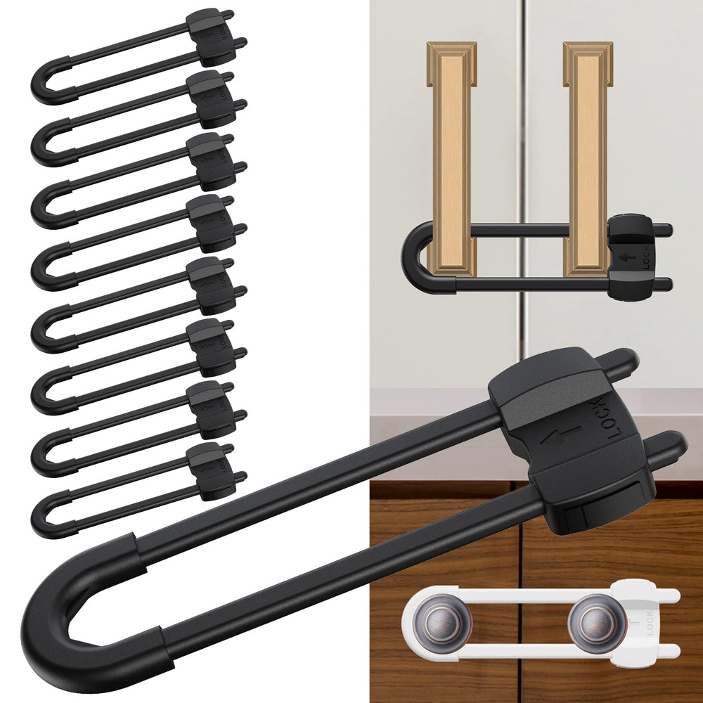 LRANFOW U-shaped cabinet lock clip secures doors without drilling for quick child safety.