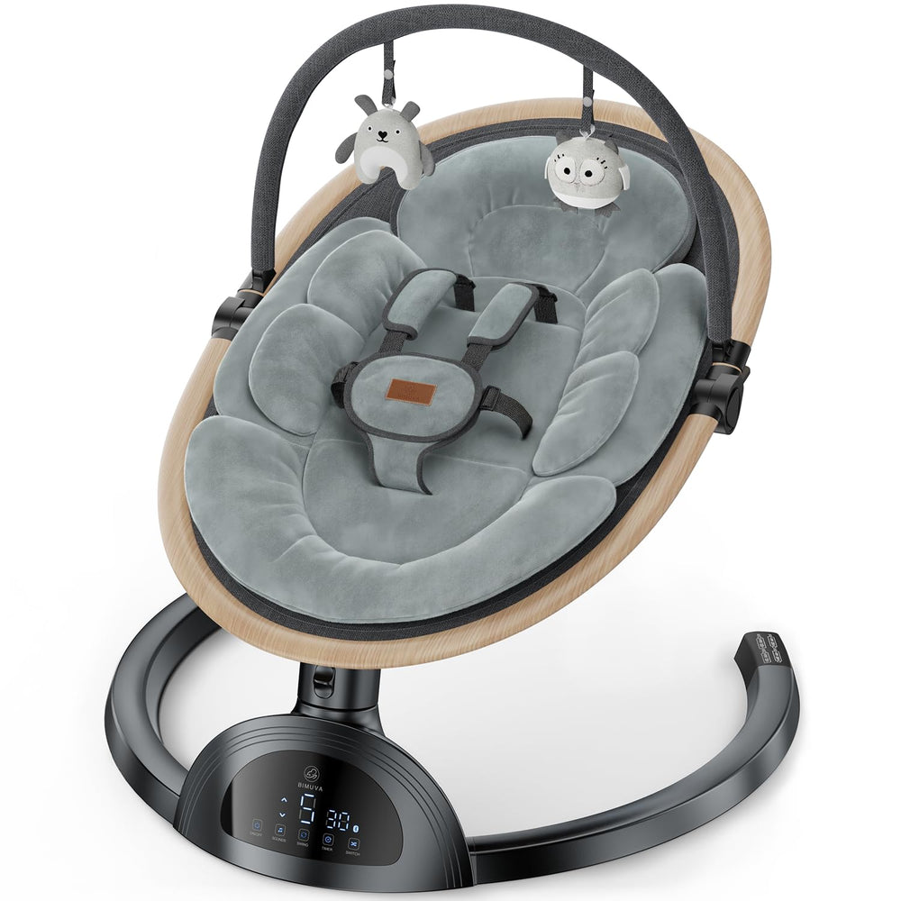 LrerBB Electric Baby Swing harness closeup shows secure 5-point safety for infants.