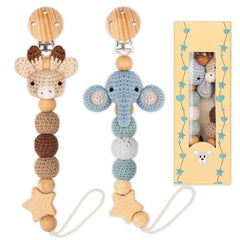LSTRAGY Elephant & Deer pacifier clip closeup shows handmade knit durability for daily use.