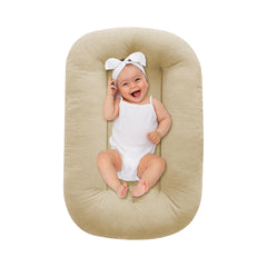 Lucakuins Baby Lounger apricot side view shows breathable organic cotton for safe lounging.