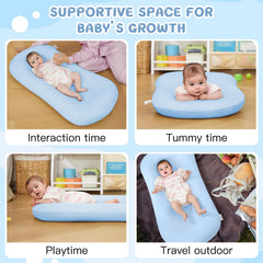 Lucakuins Baby Lounger blue on sofa demonstrates safe, supervised lounging during family moments