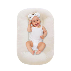 Lucakuins baby lounger white cotton close-up shows soft, breathable fabric for infant comfort.