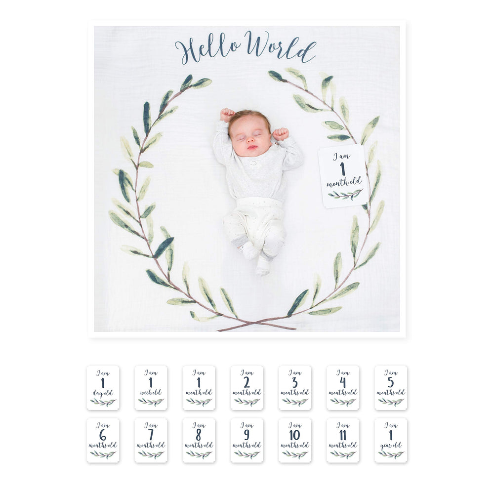Lulujo Baby first year milestone blanket Hello World used as a soft backdrop for photos.