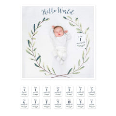Lulujo Baby first year milestone blanket Hello World used as a soft backdrop for photos.