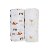 Lulujo Baby Swaddle Barn Yard print close-up shows soft breathable muslin.