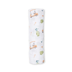Lulujo Golf Swaddle blanket full view highlights 47x47 inches for versatile baby covering