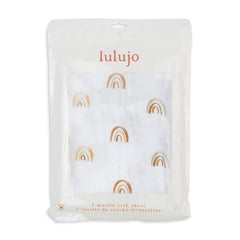 Lulujo Muslin Crib Sheet Rainbows snug-fit profile with elastic band for secure fit.