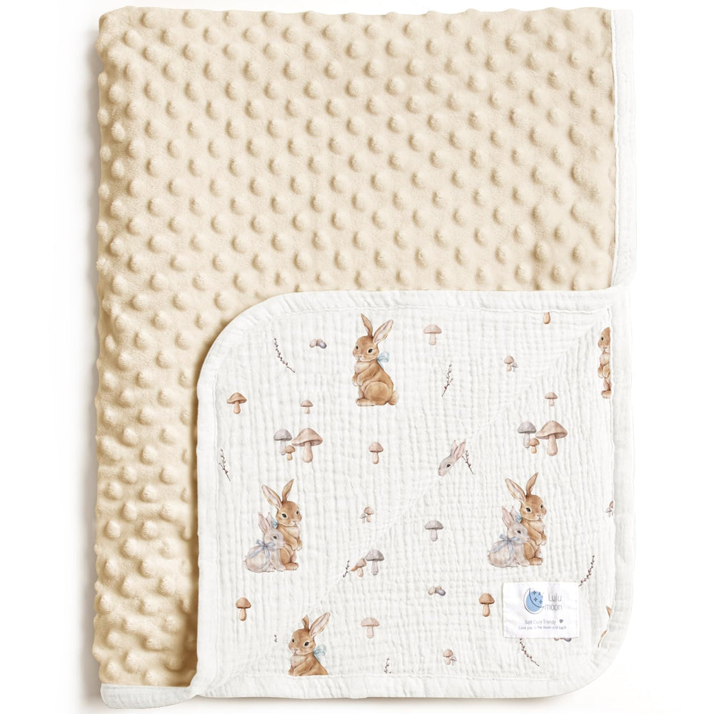 Lulumoon baby blanket with minky dot back and bunny print provides cozy newborn warmth.