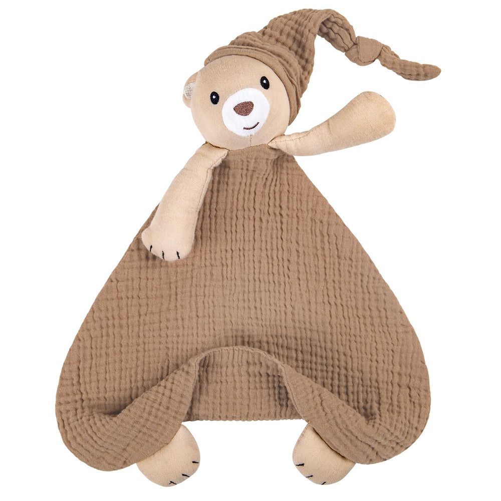 Lulumoon bear baby security blanket close-up shows soft gauze for gentle skin.