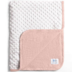 lulumoon muslin baby blanket pink front view with soft minky dots for soothing warmth