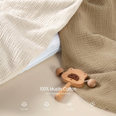 Lulumoon Muslin Bassinet Sheets fit-diagram shows versatile compatibility with 17–21 inch widths.