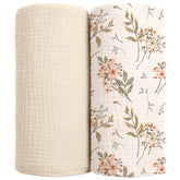 Lulumoon Muslin Swaddle Blanket floral print white, soft cotton for newborn comfort