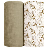 lulumoon muslin swaddle blanket olive branche close-up shows soft breathable cotton