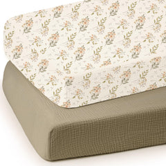 Lulumoon olive floral crib sheet closeup showing soft muslin texture for baby skin