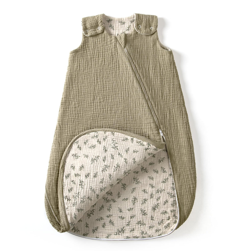 lulumoon Sleep Sack Muslin double-layer exterior twig interior for breathable year-round comfort.