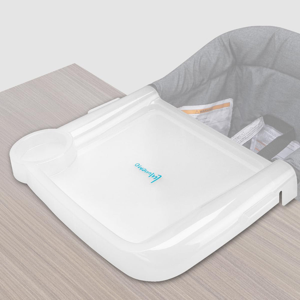 Lulunemo baby dinner tray clip-on setup shows a secure fit for on-the-go meals.