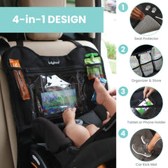 Lulyboo backseat organizer shows spacious compartments for toys and essentials.
