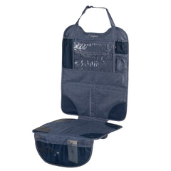 Lulyboo denim kick mat front view showing organized storage for road trips