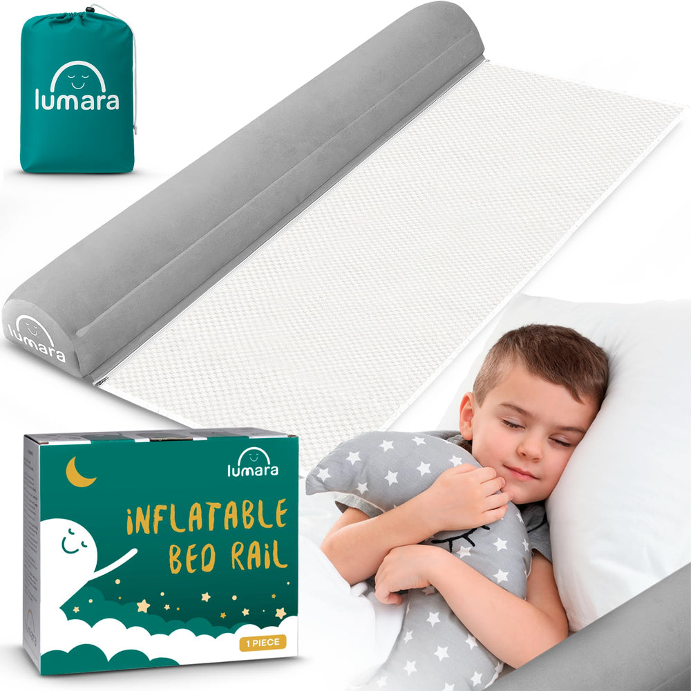 LUMARA inflatable bed rail setup for toddlers on a standard bed for safer sleep